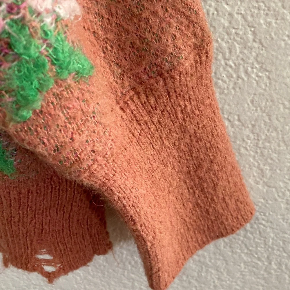 Anthropologie V-Neck Sweater Rust 3D Floral oversized y2k boho quirky - Picture 5 of 8